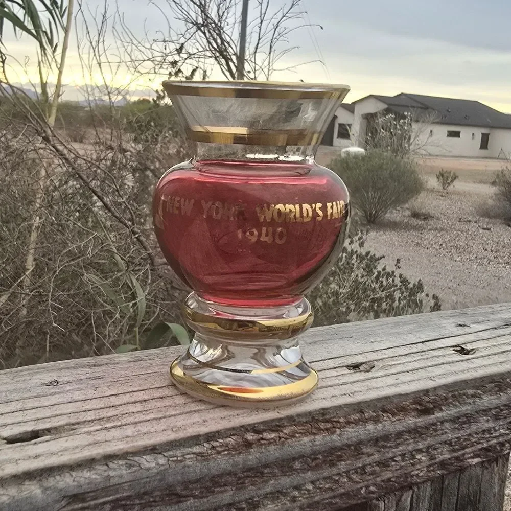 1940 New York World's Fair Souvenir Vase | Ruby/Cranberry Glass with Gold Trim